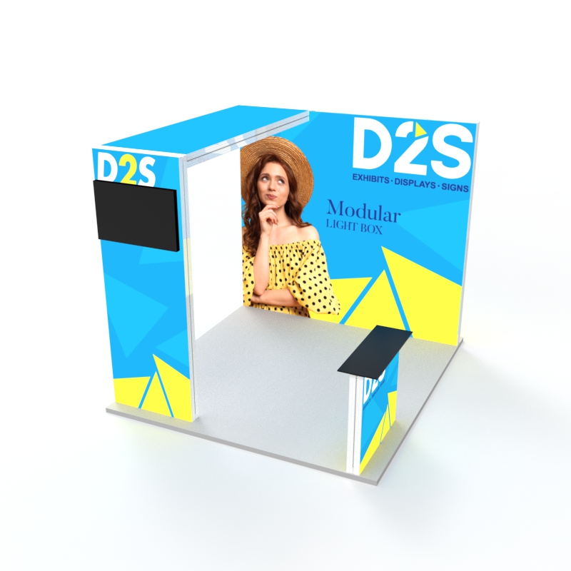 Modern 10x10 Trade Show Booth with modular illuminated display and branded graphics