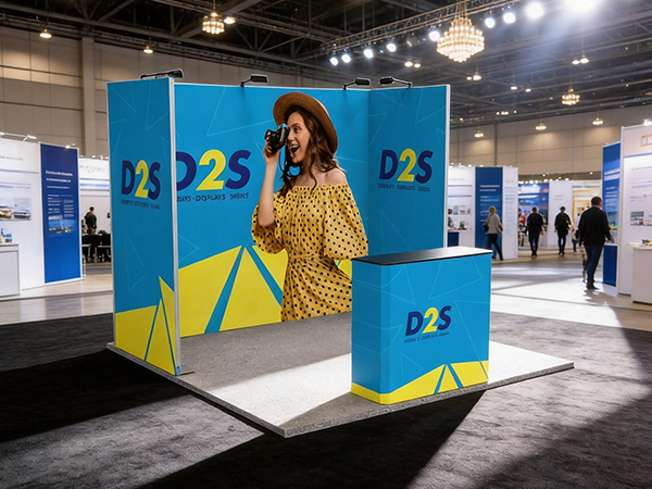 A complete SEG Folding Frame Booth installed at a trade show with seamless fabric graphics